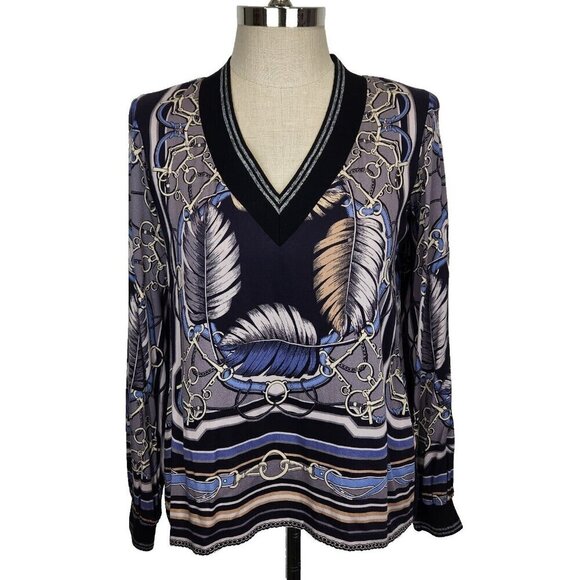 Hale Bob V-Neck Knit Top M Grey Blue Black Harness Print‎ Long Sleeve Stretch - Picture 1 of 10
